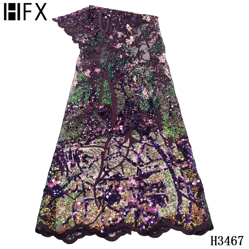 

HFX green nigerian sequin lace fabric 2020 embroidery with sequins 5 yards french net lace african mesh fabrics for sewing H3467
