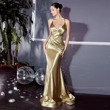 LORIE Vestido De sirena con tirantes finos, prenda De satén dorado, hasta el suelo, sin espalda, Formal, para fiesta, 2021 (2)
