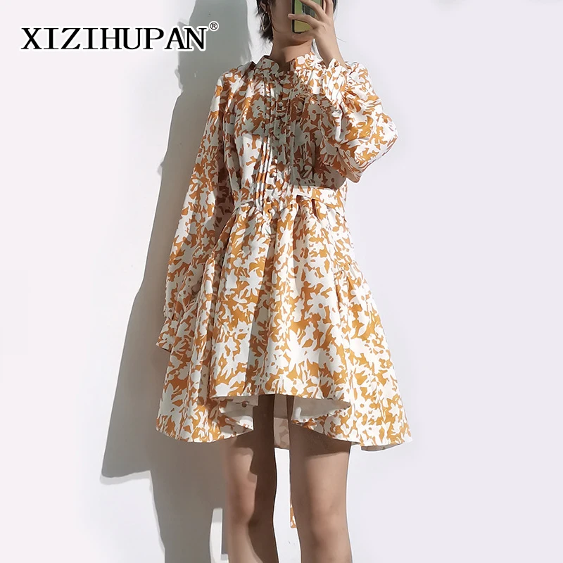 

XIZIHUPAN Colorblock Casual Women's Dresses Stand Collar Lantern Long Sleeve High Waist A Line Mini Dress Female Clothing 2021