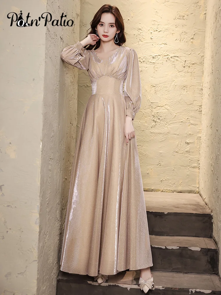 

Simple Long Sleeve Women Formal Dresses 2021 Elegant V-Neck A-Line Floor-Length Evening Gowns Special Occasion Dresses