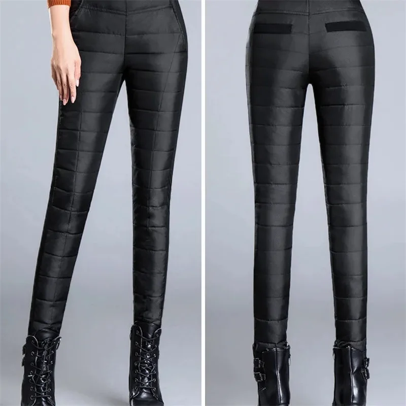 Oversize 4Xl Skinny Down Pants Women Snow High Waist Elastic Warm Winter Pants Mother Wine Red Outdoor Pencil Sweatpants