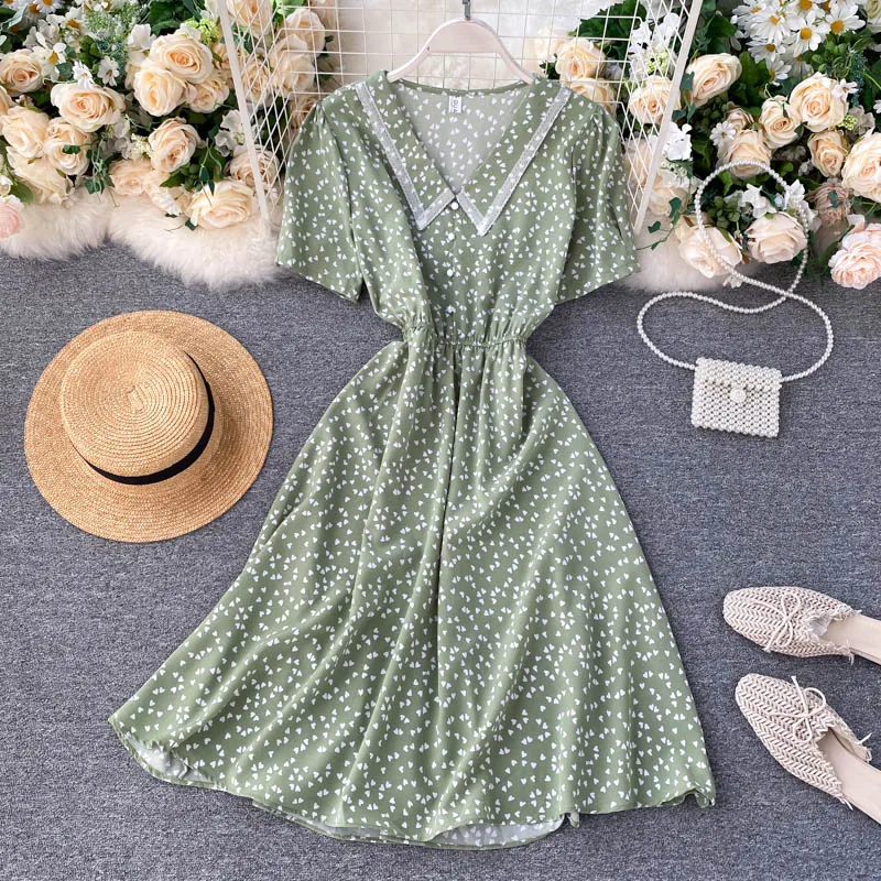 Летнее платье для женщин 2020 новый стиль милое с принтом сердца винтажное