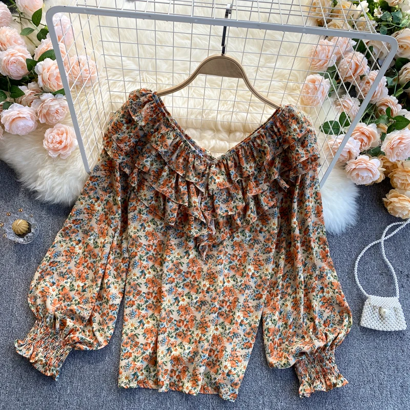 

restoring ancient ways floral chiffon blouse female v-neck falbala hubble-bubble sleeve shirt sweet minus age female
