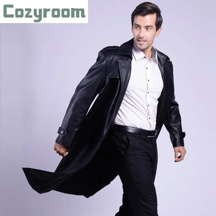 

2021 spring new men's long section suit collar leather jacket mens Business casual double-breasted long trench coat Plus Size