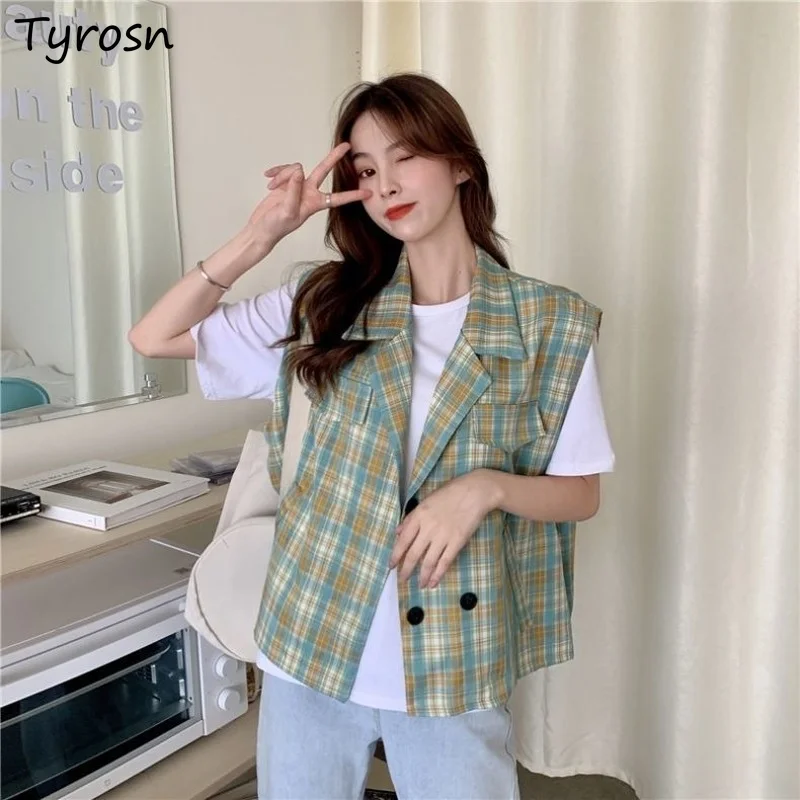 

Waistcoats Women Plaid Summer Sleeveless Blazers Chic Loose All-match Plaid Notched Mujer Elegant Fashion Vests Retro Harajuku