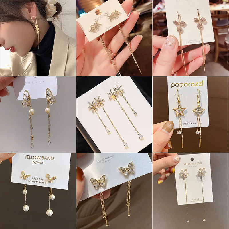 

LOVOACC Korean Bling Rhinestone Butterfly Flower Star Earrings for Women Gold Color Long Tassel Planet Heart Drop Earrings Gifts