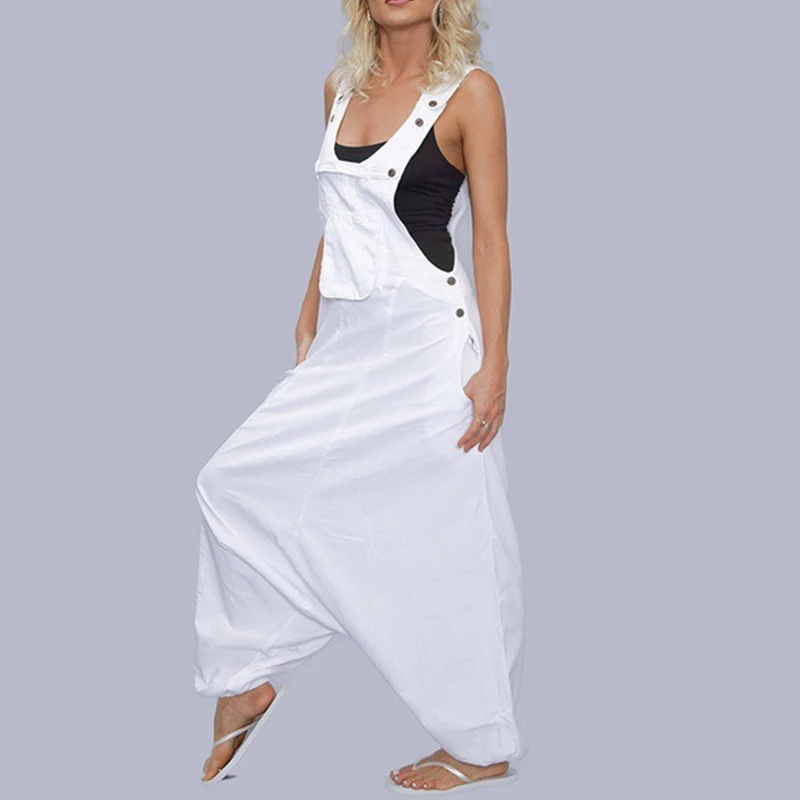 

Loose Jumpsuits Harem Pants Wide Leg Pants Sleeveless Pockets Bib Jumpsuit Siamese Trousers For Ladies Large Size