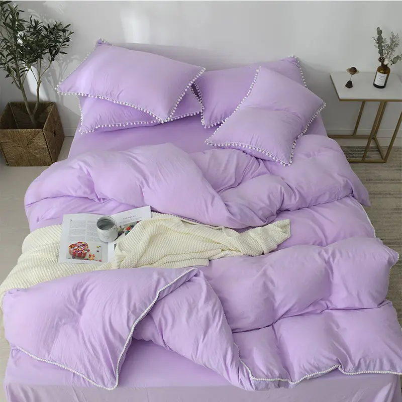 

(Quilt cover + pillowcase) 3-piece set of pure color washed cotton single 1.5m1.8m double 2m ball quilt cover bedding
