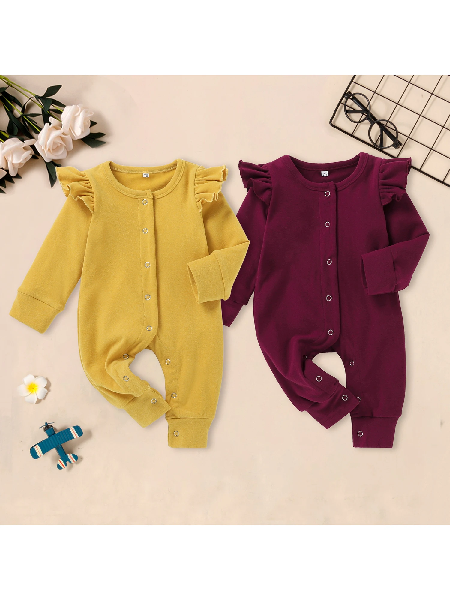 

Newborn Baby Boy Girl Autumn/Winter Romper Suit Infant Ruffled Long-Sleeved Solid Color Button Jumpsuit