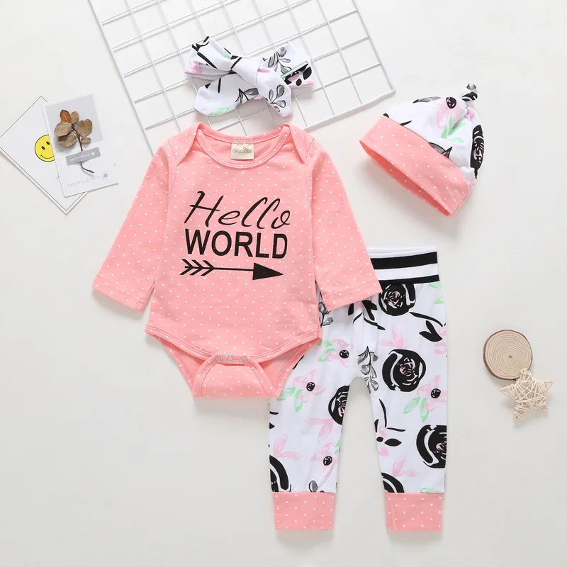4PCS Sets Newborn Baby Girl Clothes Jumpsuit Romper+Rose Pants+Hat +Headband Infant Outfit | Детская одежда и обувь