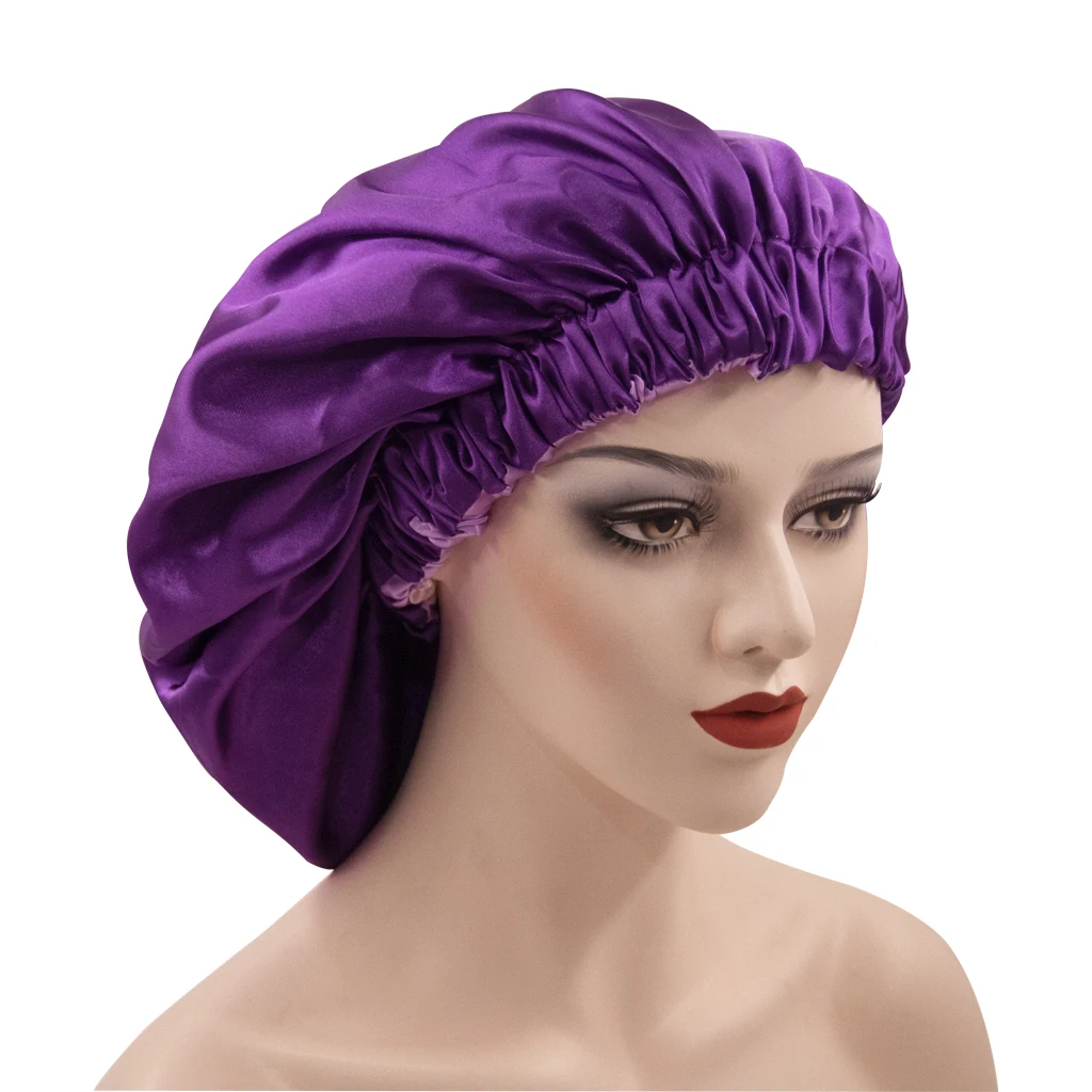 

New Hot Selling Extra Large Stretch Double Layer Satin Night Cap Popular In Europe And America Wash Cap Wide Brim Hair Care Cap