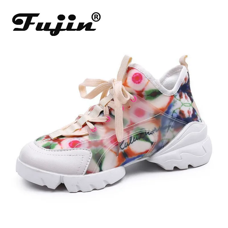 Женские кроссовки с толстой подошвой Fujin дышащие сетчатые круглым носком для