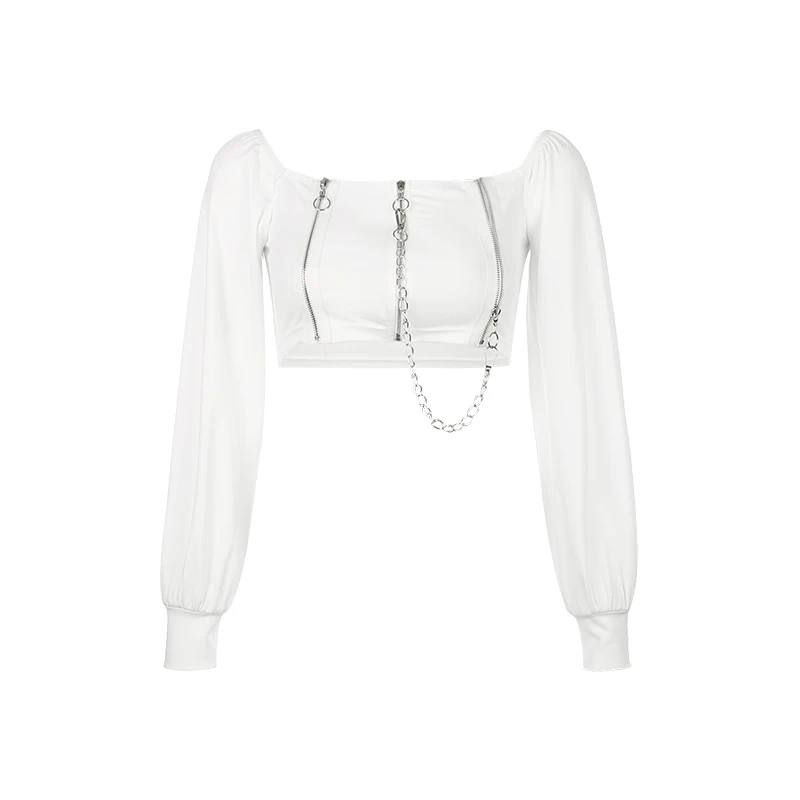 

Rapcopter Gothic Style Chains Zip Women Jackets Autumn Square Neck Fashion Streetwear Jacket Ladies Harajuku Short Jackets 2020