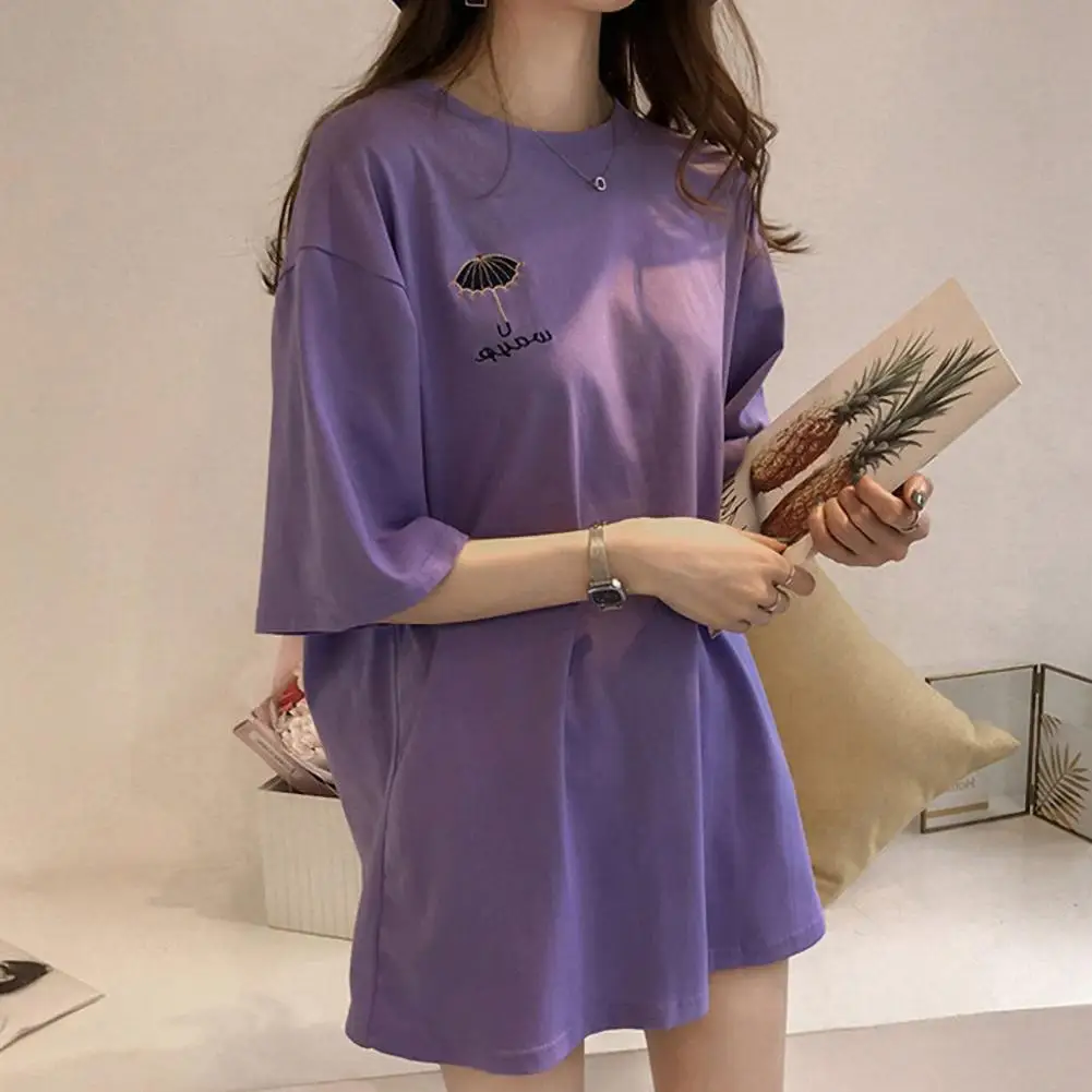

Women Umbrella Embroidery Short Sleeve O Neck Oversized T-shirt Top Long Blouse
