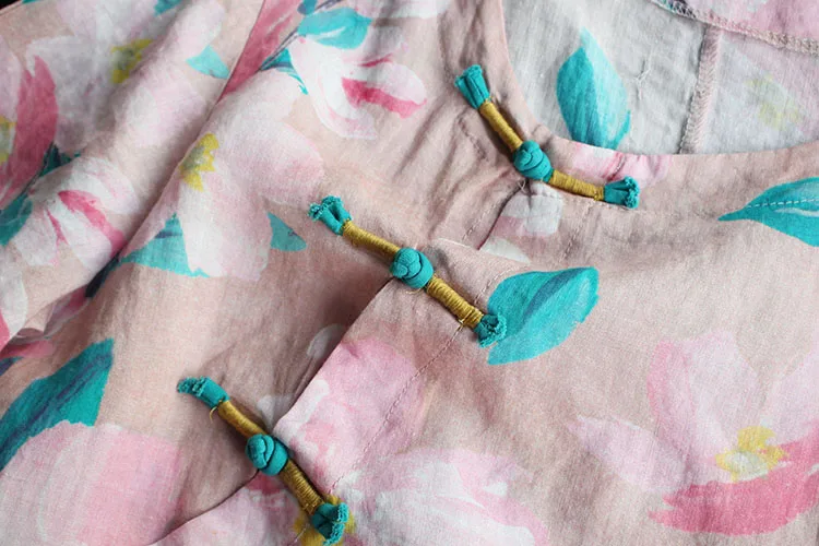 

7923 New Summer Women Blouse Chinese Style vintage Buckle Print Ramie O-Neck Short Sleeve Loose Women Tops