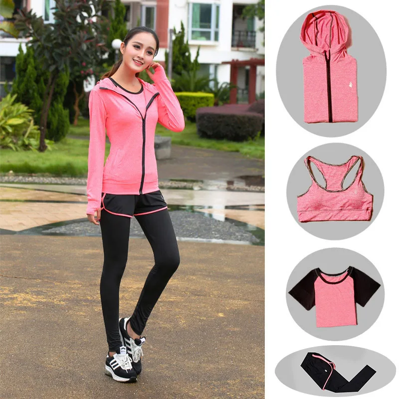 4piece set - orange2 Бесшовный спортивный бюстгальтер, комплект для женщин, спортивный костюм, спортивная женская одежда для фитнеса, пуш-ап, высокий бюстгальтер+ спортивная женская одежда для бега - Цвет: 4piece set - orange2