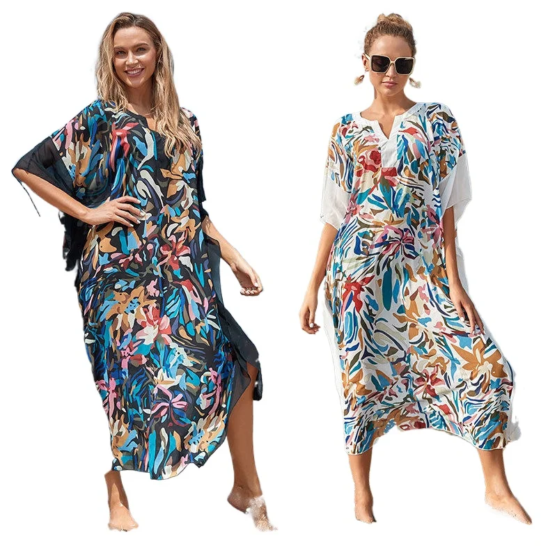 

Summer Print Stitching Robe Swimsuit Bikini Cover Up Loose Casual Plus Size Dress Beach Sunscreen Black White Dress Women