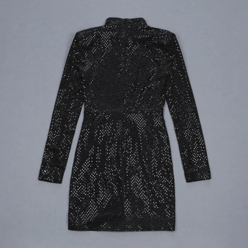 

VGH Sexy Patchwork Sequin Dress For Women Stand Collar Long Sleeve High Waist Black Slim Mini Dresses Female Fashion New Fall
