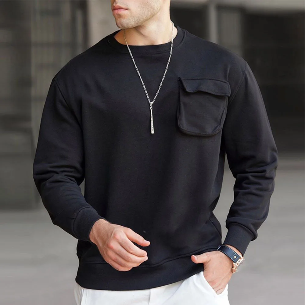 

Новинка 2021, Однотонная футболка с длинным рукавом, Свободный Повседневный свитшот с карманами, мужской модный пуловер с круглым вырезом, ул...