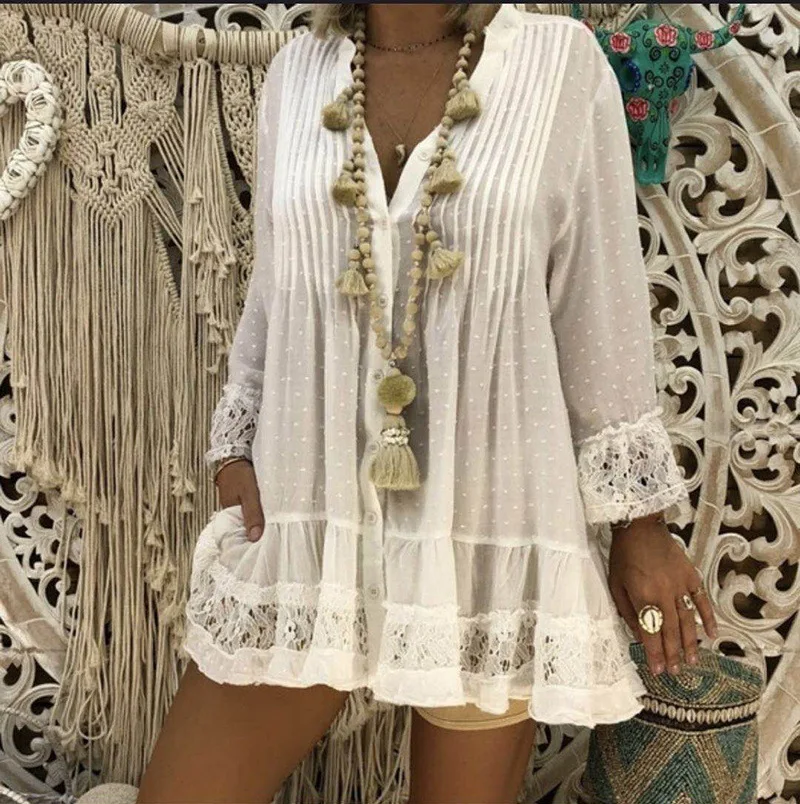

5XL Plus Size Lace Blouse Women Shirts Summer V Neck Lace Sleeve Chiffon Blouses Shirt Big Sizes Casual Loose Ladies Tops 2021