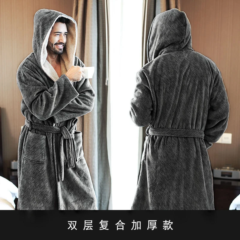 

2020 New Winter Men Bathrobes Hooded Flannel Long Bath Robe Male Comfort Gray Long Home Warm Dressing Gown Warm Sleepwear