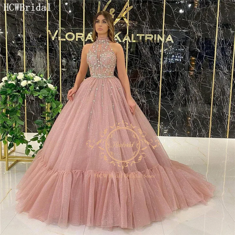 

Dusty Rose Ball Gown Formal Evening Dress High Neck Crystals Tulle Sweet 16 Girls Quinceanera Party Dress Women Pageant Gowns