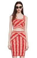 2020 new red women jacquard two piece elegant o neck sleeveless vestido celebrity party bodycon bandage dresses wholesale