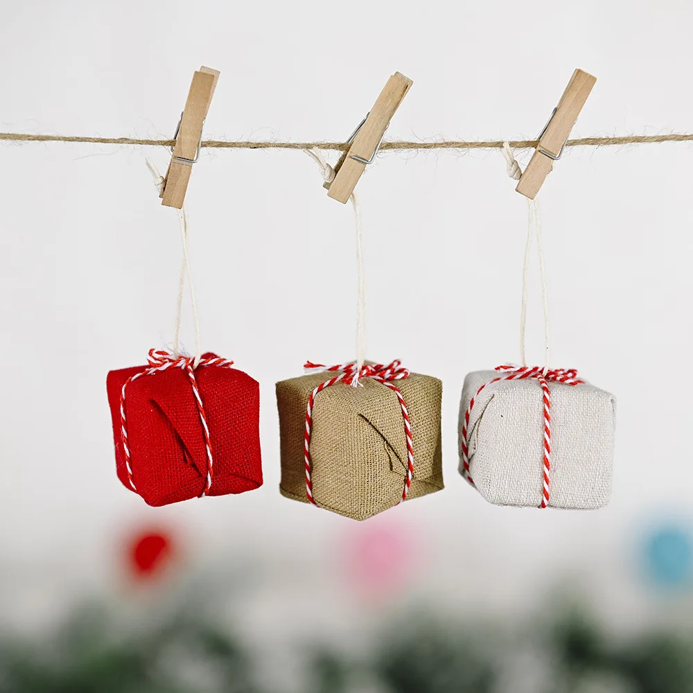 Красная льняная Подарочная коробка подвесные украшения для рождественской елки