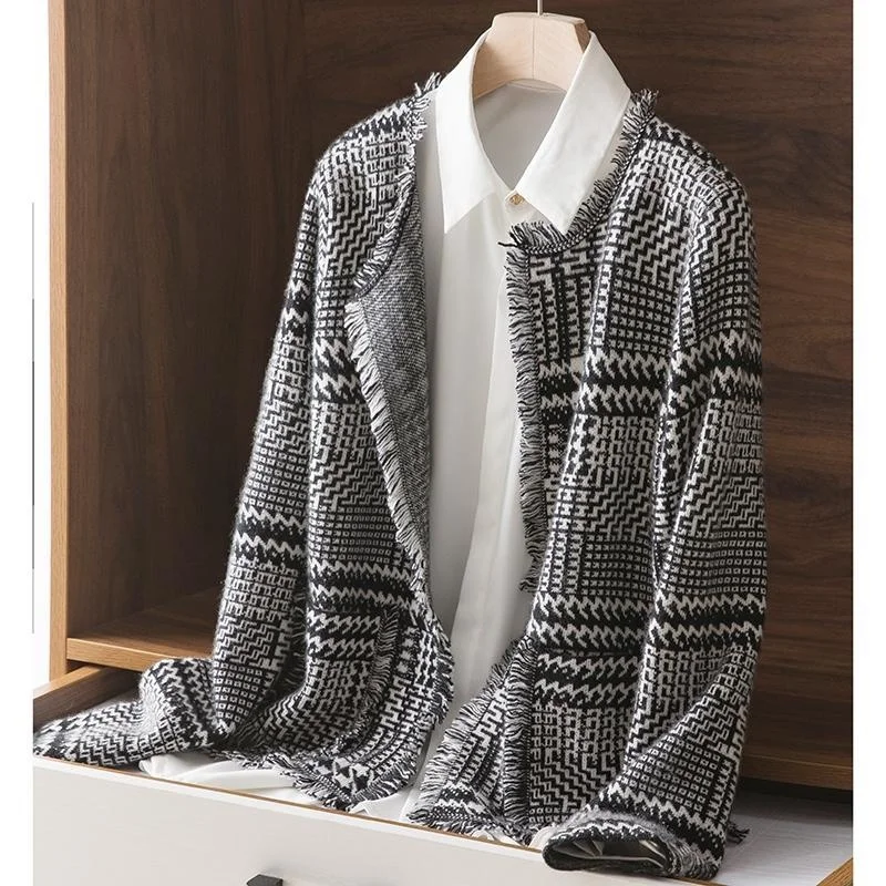 

Winter Autumn 100% Pure Wool Knitted Cardigan Women's Classic Round Neck Bird Check Color Contrast Loose Tassel Cashmere Coat