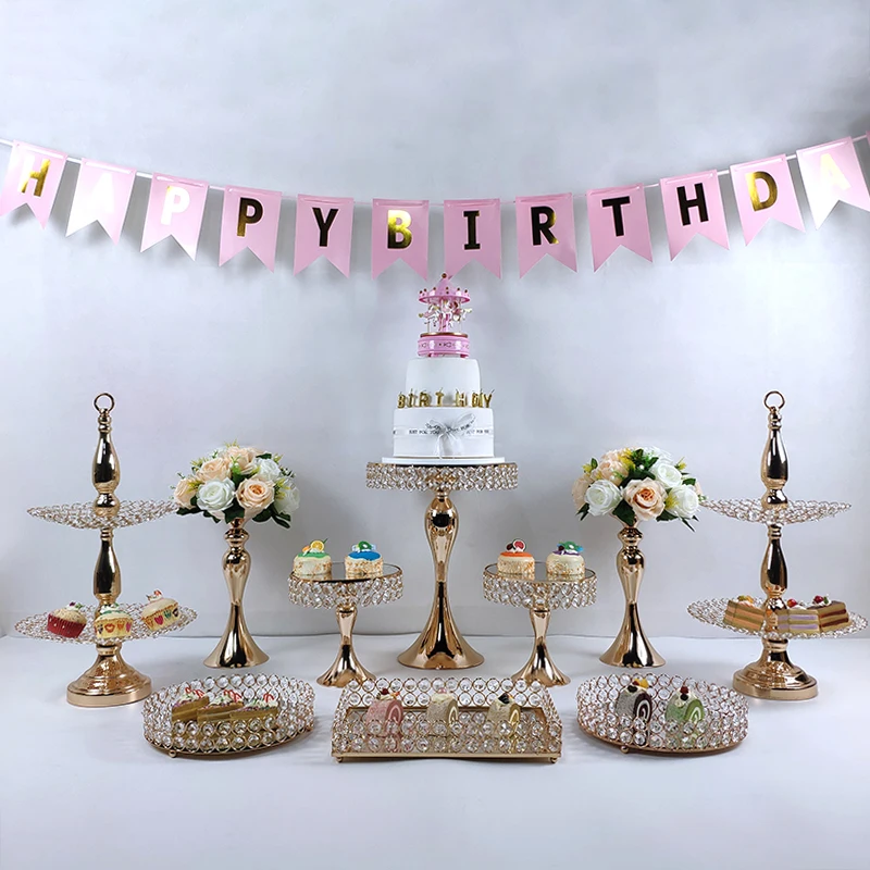 Больше лоток золотой свадебный торт стенд Набор белого цвета со стразами и