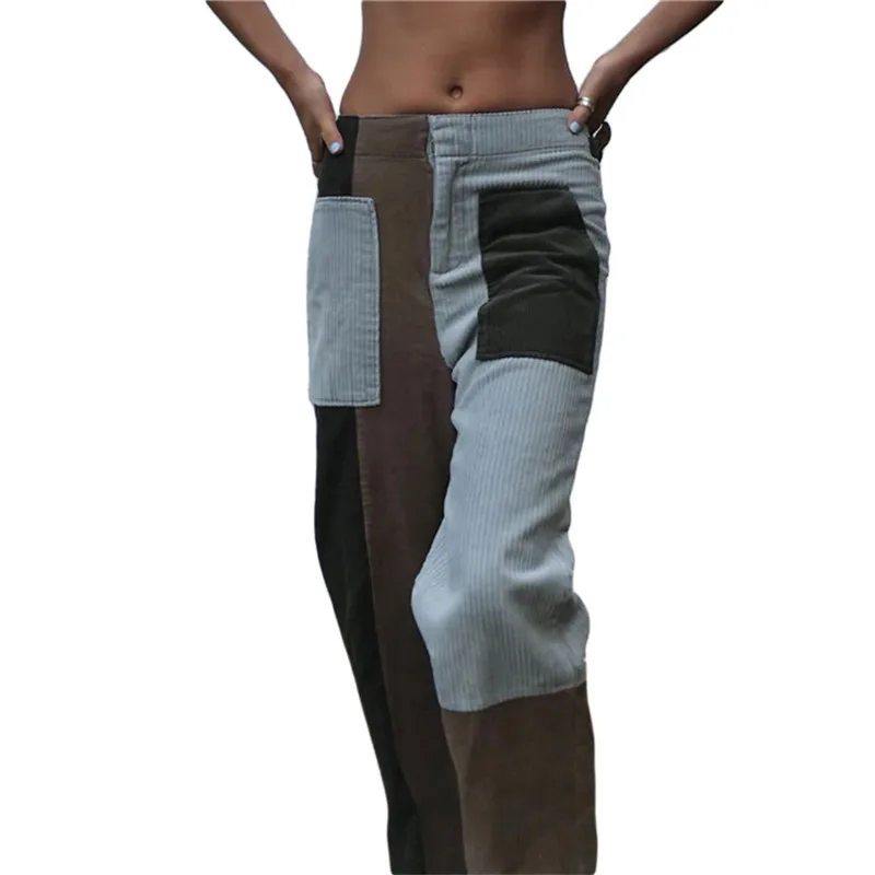 

Patchwork Low-waist Straight Leg Pants Streetwear Womens Jeans Bottoms Color Block Trousers Sexy Contrast Stitch Pants