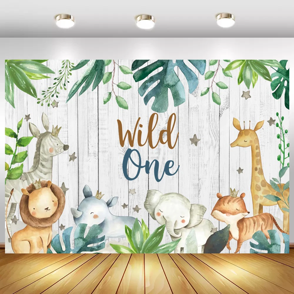 

Tropical Leaves Wild One Safari Animals Party Backdrop Wood Table Banner Decor Newborn Baby Shower Kid Birthday Photo Background