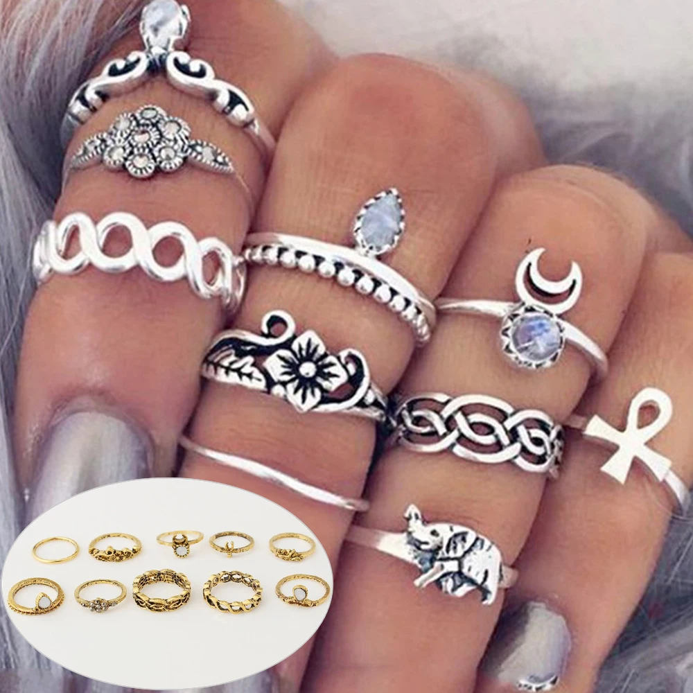 Винтажное кольцо миди в богемном стиле 10 шт./компл. с кристаллами античном