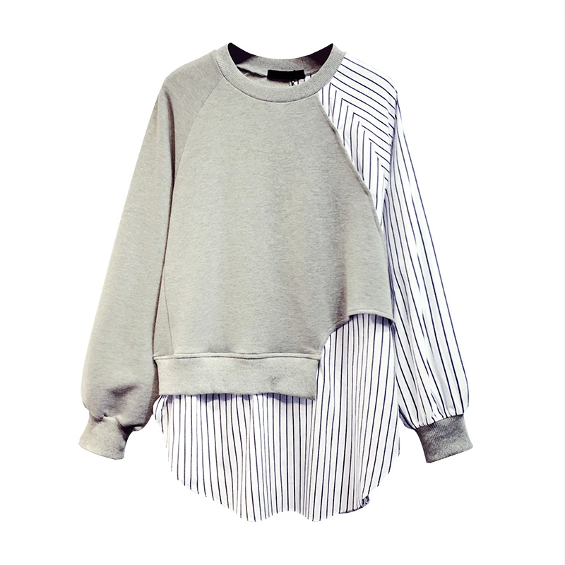 

IEQJ 2020 Spring Autumn New Patchwork Full Sleeve Round Collar Striped Wild Loose High Street Women's Pullover Sweatshirt TX600