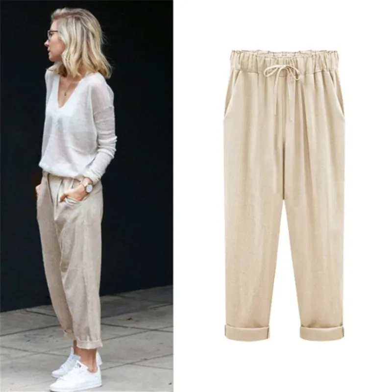Женские свободные штаны шаровары эластичная талия длина по щиколотку хлопковые