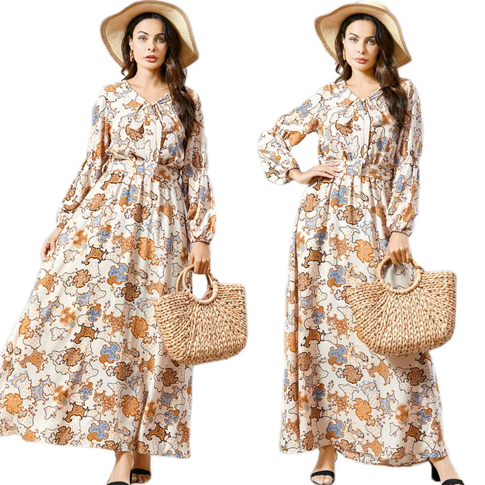 

Autumn Women Floral Print Chiffon Maxi Dress Long Sleeve V-Neck Abaya Muslim Fashion Turkey Kaftan Dubai Jilbab Islamic Clothing