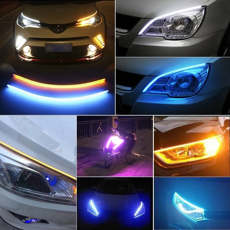 2pcs LED DRL Car Daytime Running Light Flexible Waterproof Strip Auto Headlights White Turn Signal Yellow Brake Flow Lights 12V |