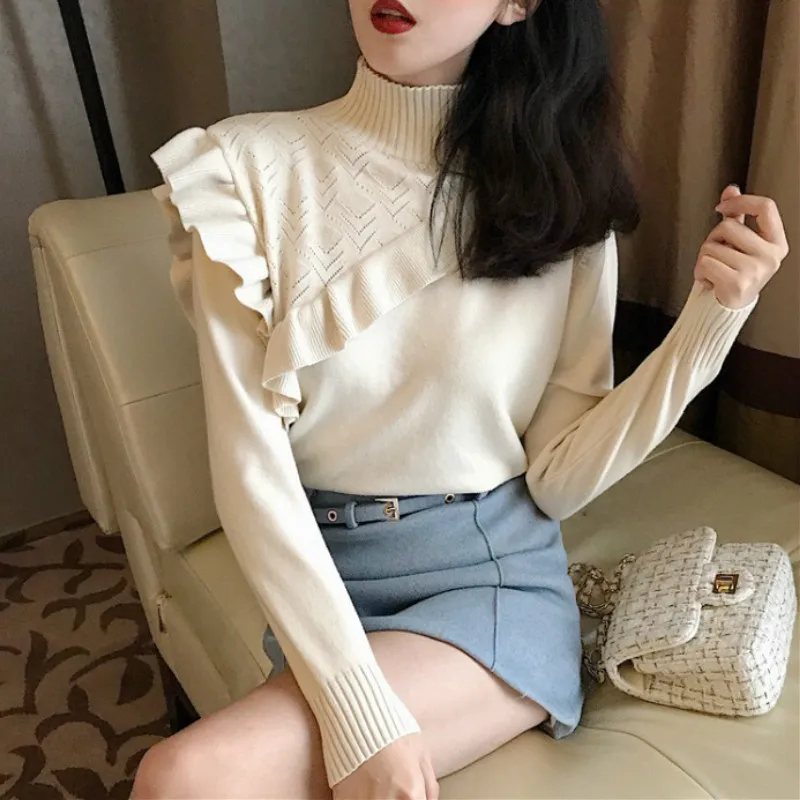 

Korean Chi Conjuntos De Mujer Half High Collar Ruffle Knit Sweater + High Waist Slim Skirt Women Set Autumn Winter 46644