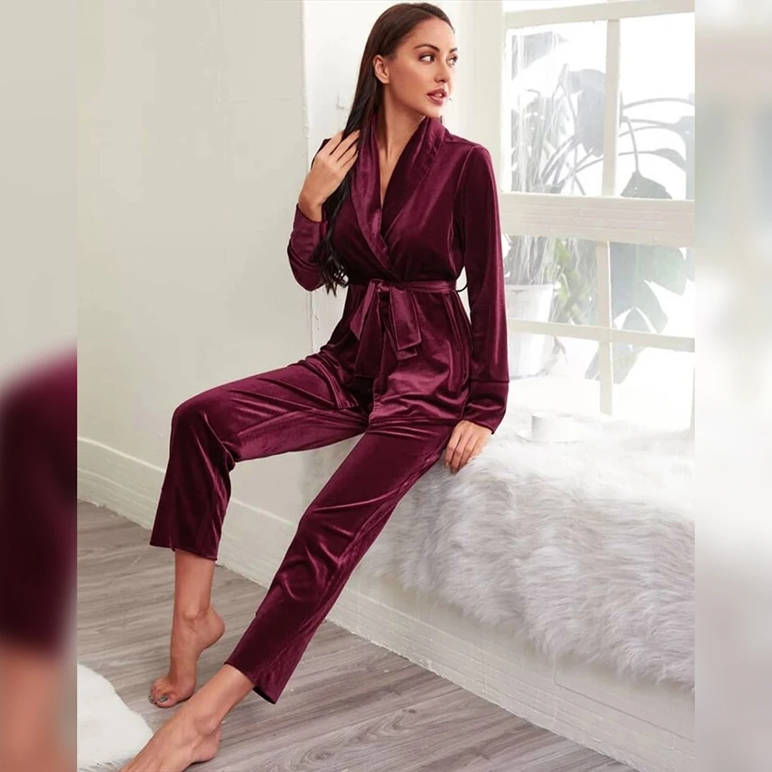 

Hiloc Full Sleeve Trouser Suits Pijama Red Elegant Robe Sets Womens Outfits Lace Up Robes Women Pajama Velour Set Woman 2 Pieces