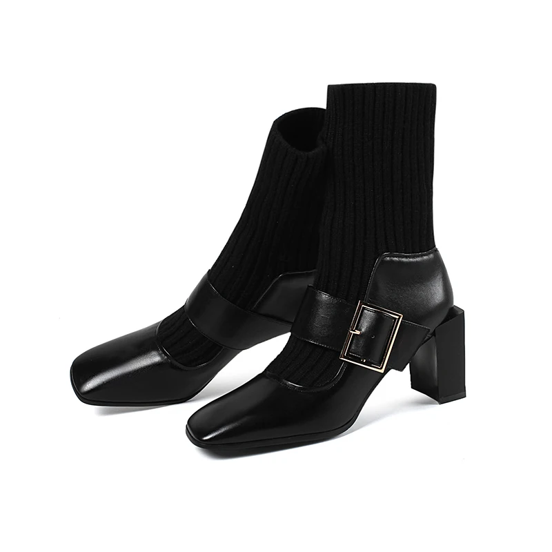Boots Women Genuine Leather Mid-calf Boots Fashion High Heels Autumn Winter Party Prom Shoes Woman Office - Цвет: Черный