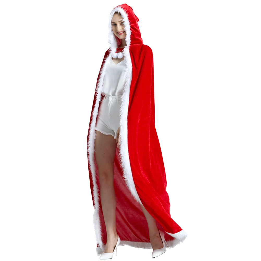 

Women Santa Claus Red Christmas Cloak Loose Performance Stage Costume Adult Shawl Dressup Cape Party Solid Hooded Cosplay