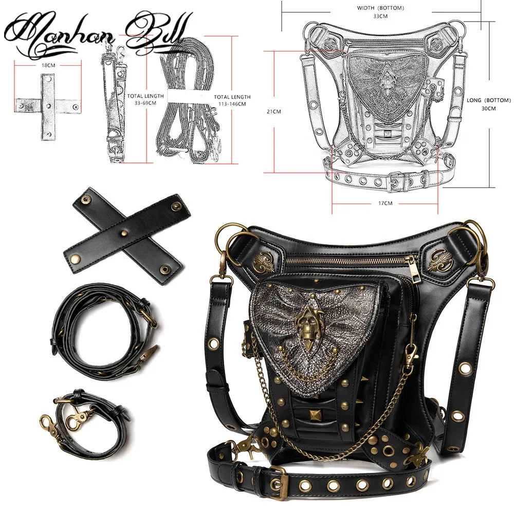 comprar Design Retro Multifuncional Rua Motocicleta Saco Tático Senhoras Mochila Crânio Rebite Oblíquo Bolso Do Telefone Móvel