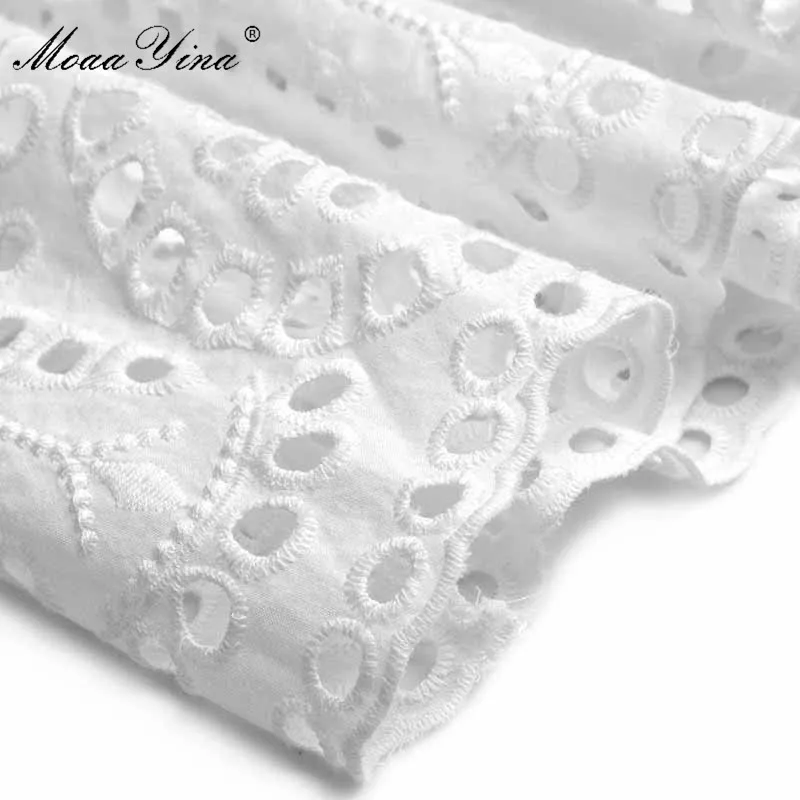 

MoaaYina Fashion Designer dress Summer Women's Dress V-neck Short sleeve Hollow Out Embroidery White Ball Gown Dresses