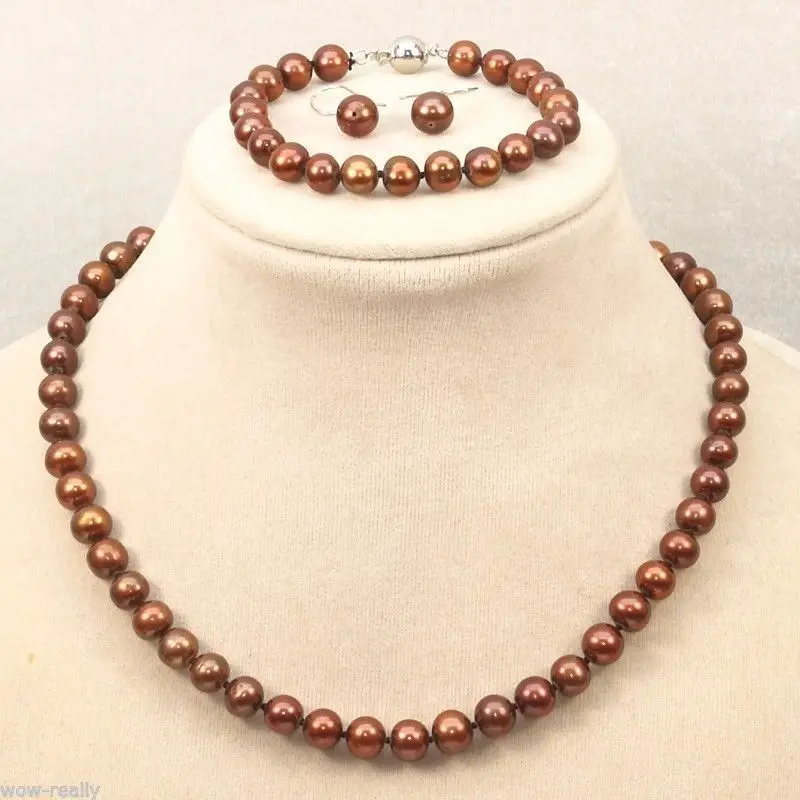 

new 8mm Akoya Brown Sea Shell Pearl Necklace Bracelet Earring Jewelry Set