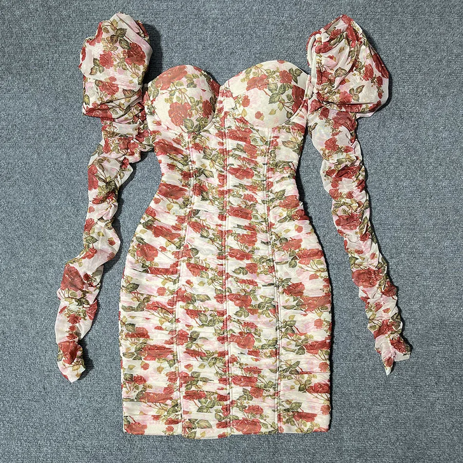 

Fashion women's 2021 new sexy printed square neck bubble long sleeve slim bandage dress