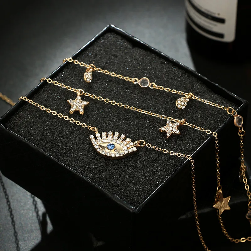 Цепочка с подвеской в виде звёзд и глаз Женская длинное многослойное ожерелье