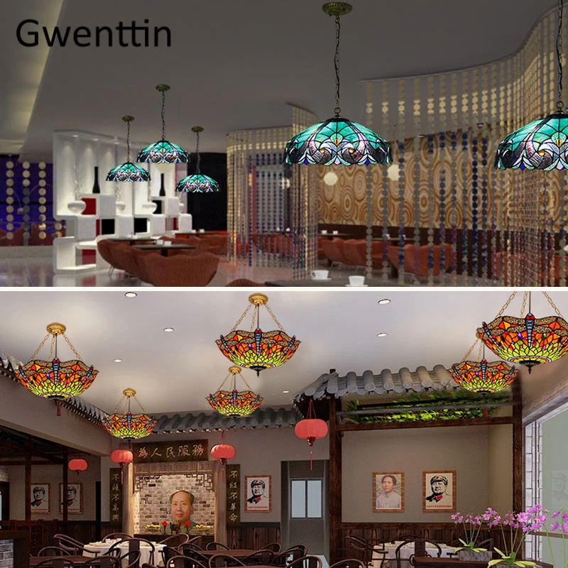 

Mediterranean Tiffany Stained Glass Pendant Lights Vintage Hanging Lamp for Dining Room Kitchen Light Fixtures Home Art Decor