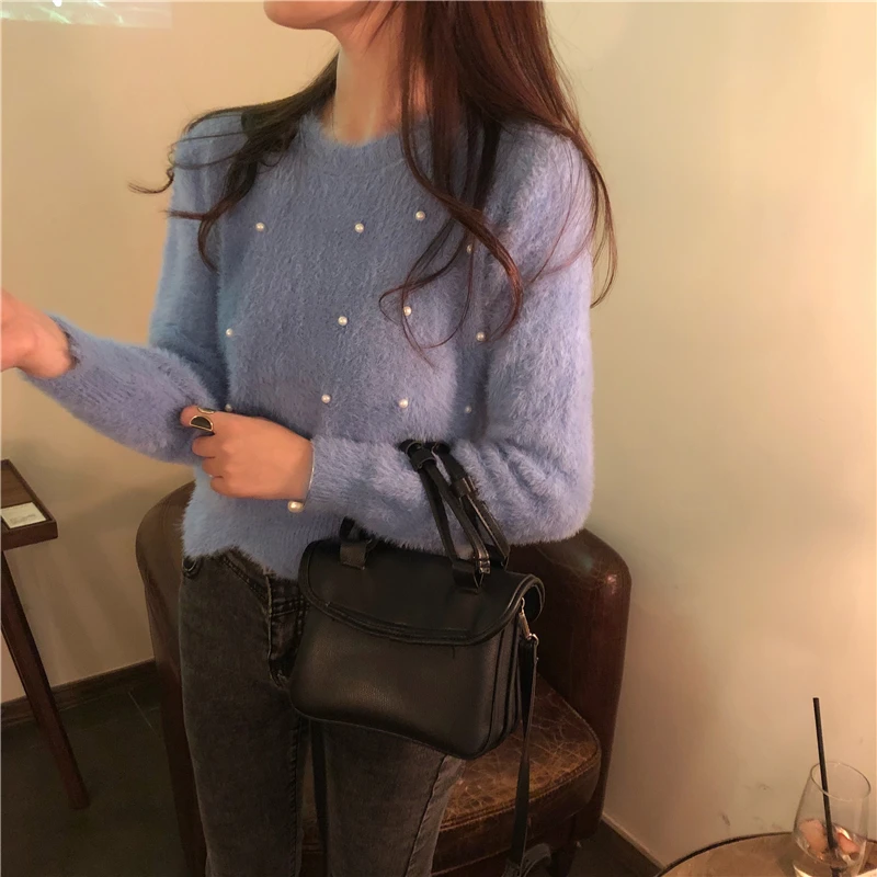 

Autumn Winter Women's Sweater Korean Style Pure Color Beaded Long-sleeved Sweater New Casual All-match Knitted Tops GX742