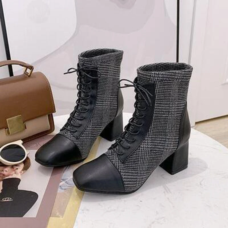 Зимние ботинки женская обувь женские Модные ботильоны с квадратным каблуком