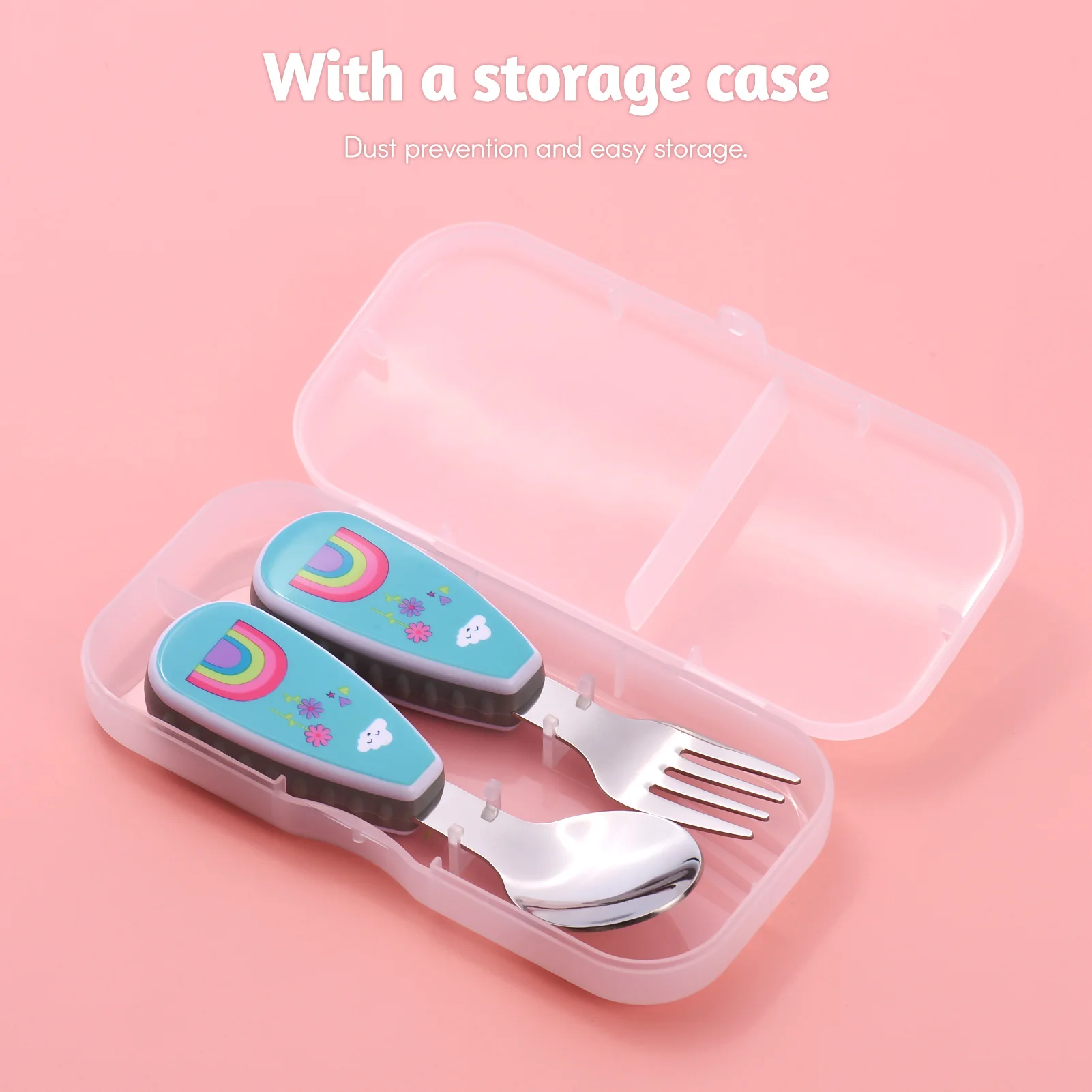 Cute Kids Spoon and Fork Set Stainless Steel & PP Material with Lovely Patterns for 12+ Month Toddlers Storage Case |
